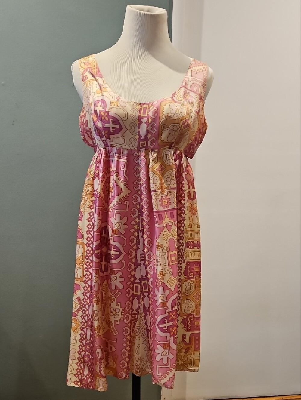 Silk Women's Or Girl Pink & Yellow Printed Sundress 0298